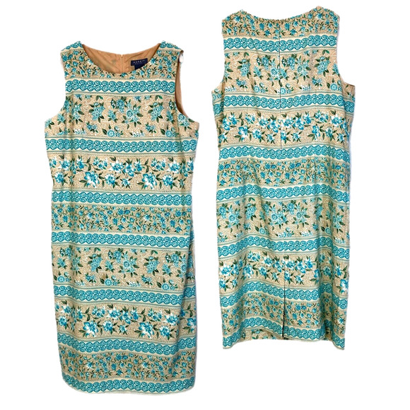 Midi Sleeveless Sheath Dress Floral Blue/Tan Women 18 Slit Career Koret Vintage - Picture 1 of 16